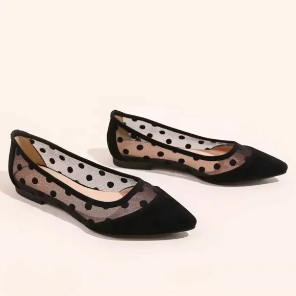 Black Polka Dot Mesh Pointed Toe Flats - Picture 4 of 4